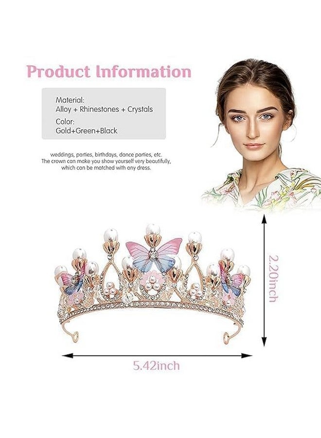 GOVINDGOPAL Flower Girl Crown Princess Butterfly Tiara Gold Crystal Rhinestone Pearl Headband for Kids Women Adults Birthday Wedding Quinceanera Pageant From Homecoming Halloween Mermaid Costume Party - Image 2