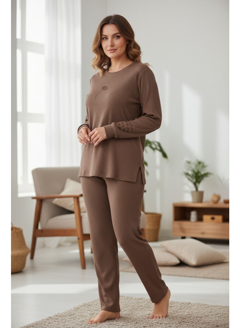 Women's Ribbed Mocha Lounge Set – Earthy Brown 2-Piece Set with Minimalist Daisy Embroidery