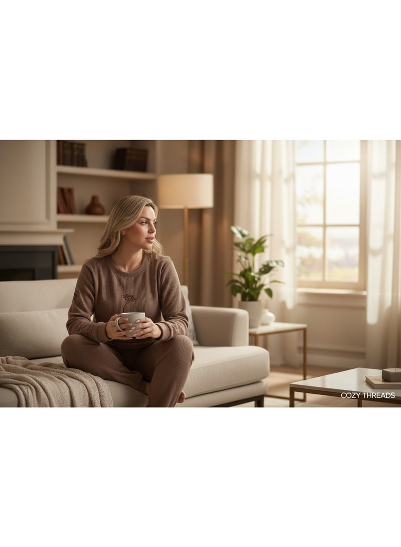 زيكوتكس  طقم منزلي نسائي مضلع - لون بني موكا دافئ بتطريز زهرة ناعم - قطعتين - Image 2