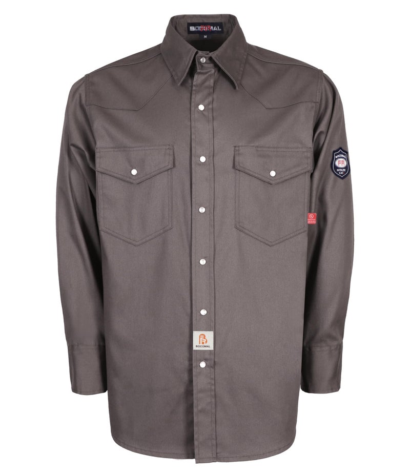 BOCOMAL FR Flame Resistant Shirts Fire Retardant Welding Shirts Snaps Fastener NFPA2112 7.5oz Gray Men's Welder Shirt