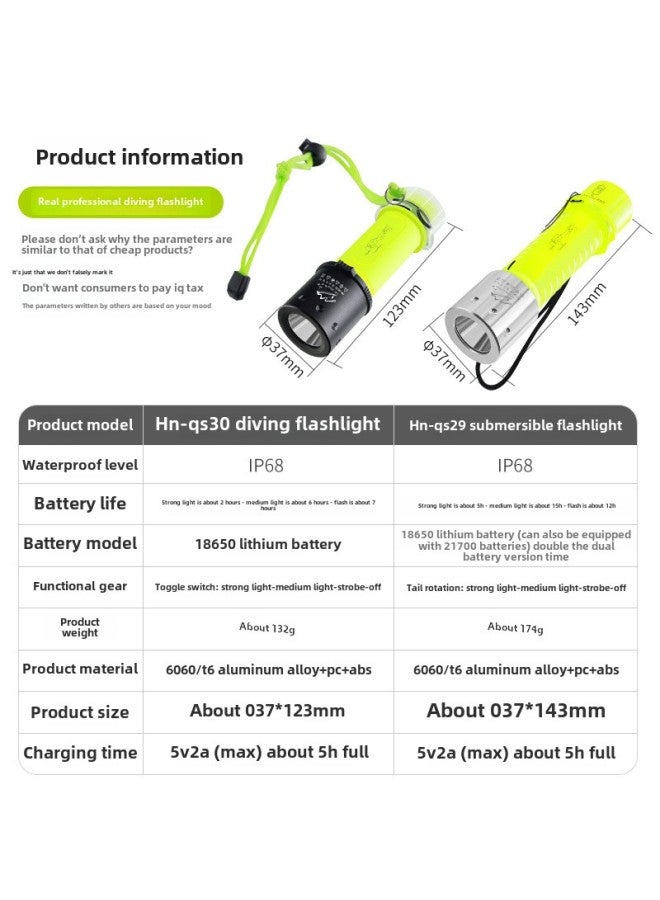 Diving Special Flashlight Strong Light Charging Outdoor Super Bright Waterproof Underwater Professional Deep Diving Night Diving Fish Searchlight-Product Specifications:(white Light) Hn-qs29 Submersible Flashlight Single Battery Version  - Image 5