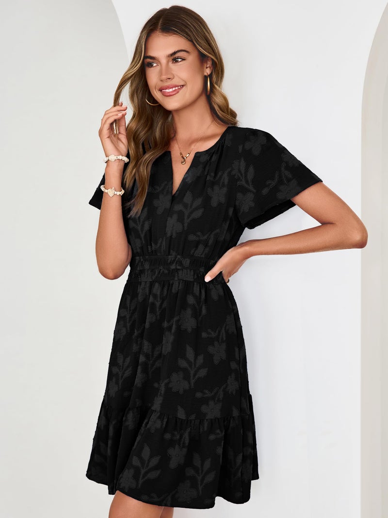 Simplee Womens Summer Floral Dress - Casual Short Sleeve V Neck Empire Waist Boho Flowy A Line Mini Wedding Guest Dresses,Black M - Image 3