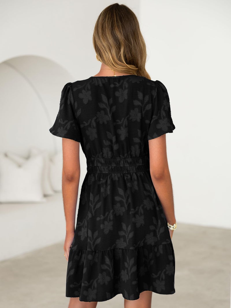Simplee Womens Summer Floral Dress - Casual Short Sleeve V Neck Empire Waist Boho Flowy A Line Mini Wedding Guest Dresses,Black M - Image 5