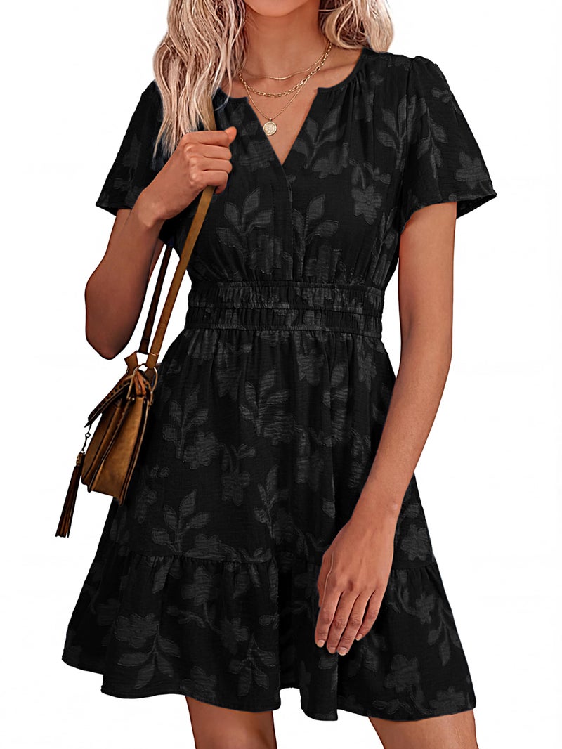 Simplee Womens Summer Floral Dress - Casual Short Sleeve V Neck Empire Waist Boho Flowy A Line Mini Wedding Guest Dresses,Black M - Image 1