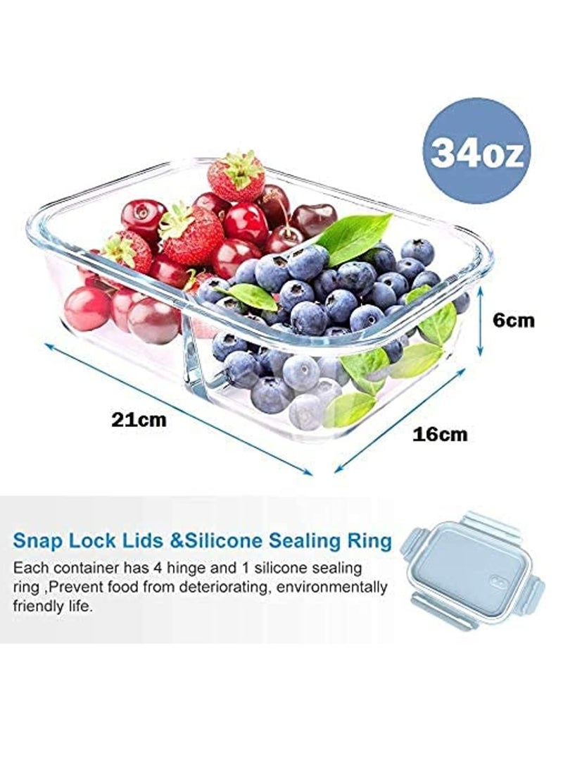 DUNISO Microwave Heating High Borosilicate Glass Lunch Boxes Glass Bowls 1000ML，2 Compartment Lunch Box With Lid Glass，Meal Prep Containers - Image 3