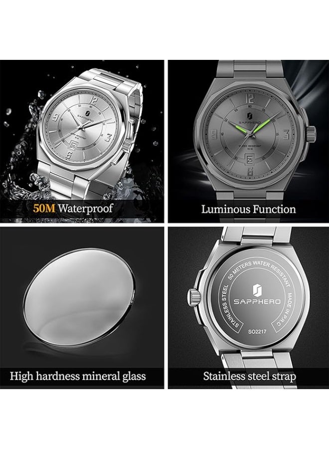 Sapphero Watches for Men Arabic Numeral Dial Quartz Wristwatch 50M Waterproof Luminous Watches Mens Watch Work Sport Casual Dress Watch with Stainless Steel Strap Elegant Gifts for Men - Image 5