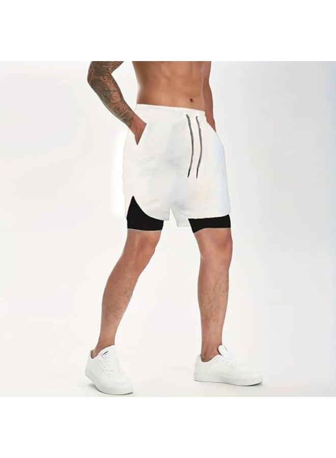 VITION Gym Shorts for Men, Men's Activewear Running Shorts,Drawstring Gym Shorts Men, 2 Layer Loose Athletic Shorts with 4 Pockets (Medium, White) - Image 2