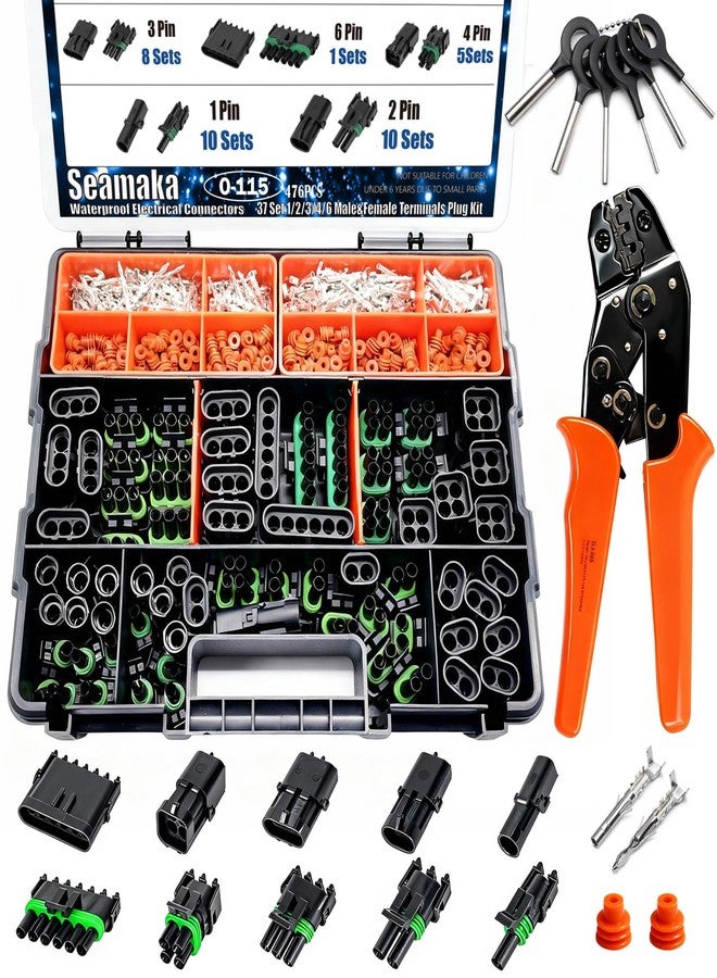 Seamaka 476Pcs 37 Kits Waterproof Automotive Electrical Connectors 1/2/3/4/6 Male&Female Automotive Replacement Electrical Accessories 22-14AWG with Ratchet Crimping Tool - Image 1