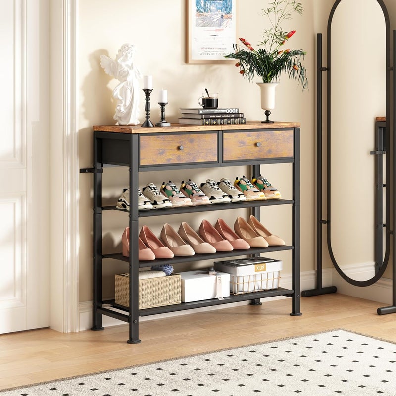 Kitstorack Shoe Rack, 4 Tier Shoe Organizer for 9-12 Pairs of Shoes, with 2 Drawers, 3 Fabric Shelves and Wooden Top, Shoe Rack for Closet Entryway, Rustic Brown - Image 1