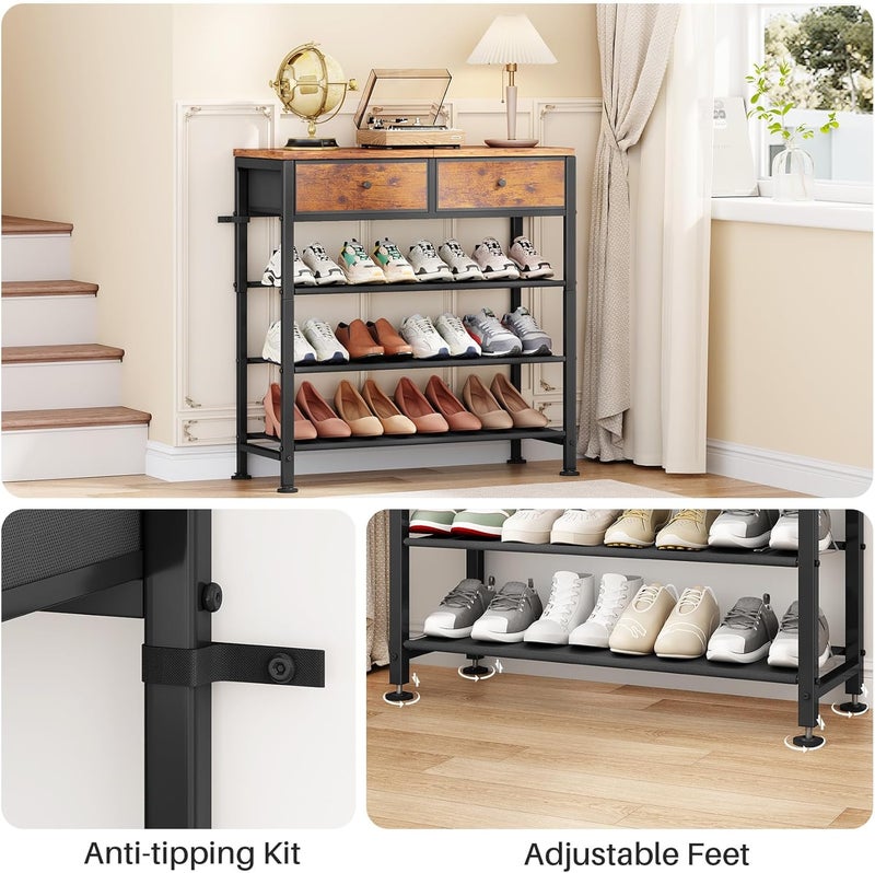 Kitstorack Shoe Rack, 4 Tier Shoe Organizer for 9-12 Pairs of Shoes, with 2 Drawers, 3 Fabric Shelves and Wooden Top, Shoe Rack for Closet Entryway, Rustic Brown - Image 5