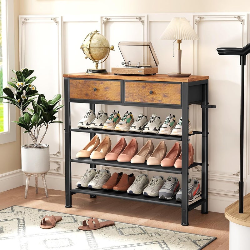 Kitstorack Shoe Rack, 4 Tier Shoe Organizer for 9-12 Pairs of Shoes, with 2 Drawers, 3 Fabric Shelves and Wooden Top, Shoe Rack for Closet Entryway, Rustic Brown - Image 2