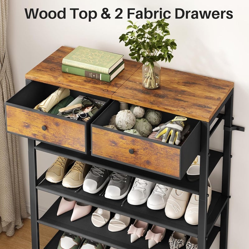 Kitstorack Shoe Rack, 4 Tier Shoe Organizer for 9-12 Pairs of Shoes, with 2 Drawers, 3 Fabric Shelves and Wooden Top, Shoe Rack for Closet Entryway, Rustic Brown - Image 3