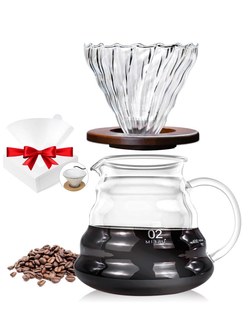 MIBRU V60 600ml Heat Resistant Glass Drip Coffee Maker Pour Over Server with Filter 3 in 1 Tea Pot Distillation Funnel Portable for Daily Use Home and Outdoor - Image 1