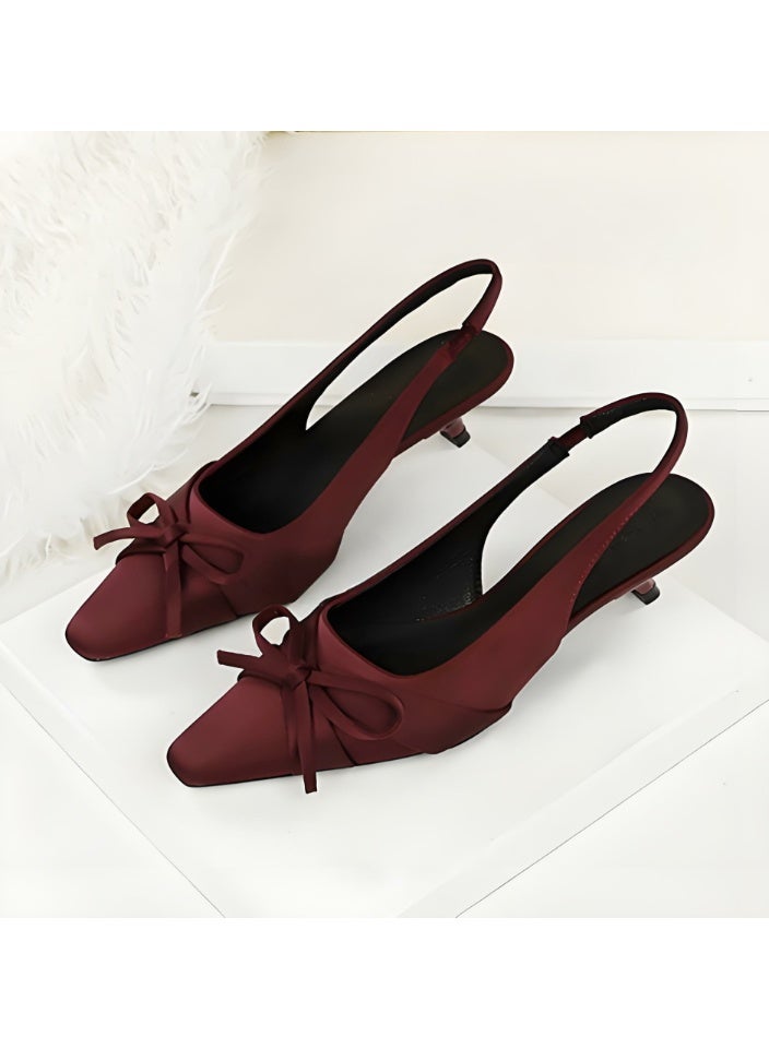 بيج تري المرأة الساتان مغلق أشار إصبع القدم قطة كعب مضخات كعب منخفضة ساندال النبيذ الأحمر 3.5CM - Image 1