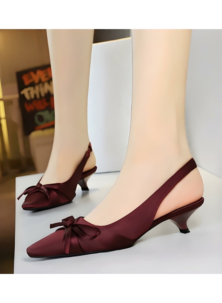 بيج تري المرأة الساتان مغلق أشار إصبع القدم قطة كعب مضخات كعب منخفضة ساندال النبيذ الأحمر 3.5CM - Image 3