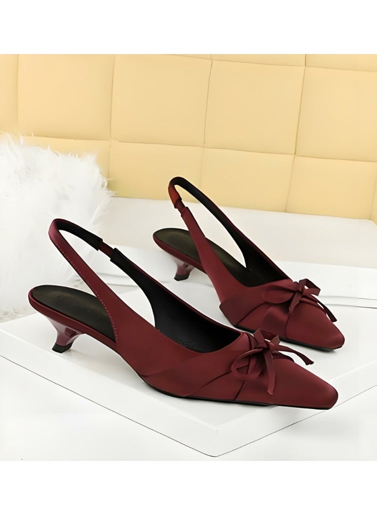 بيج تري المرأة الساتان مغلق أشار إصبع القدم قطة كعب مضخات كعب منخفضة ساندال النبيذ الأحمر 3.5CM - Image 2