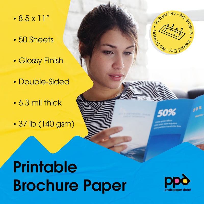 ppd ورق صور مزدوج الجوانب من PPD، ورق كتيبات لامع 8.5 × 11 لطابعة نفث الحبر، 140 جرام، سمك 6.3 مل لمجلة، منشور، عرض تقديمي، برنامج، جاف فوري ومقاوم للماء (100 ورقة) - Image 4