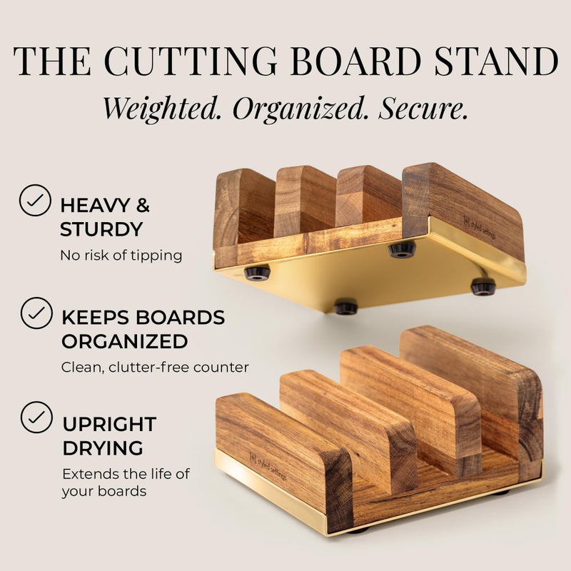 styled settings Wood Cutting Board Set with Holder â€“ Double Sided Cutting Board with Handle (Gold) â€“ 4 Piece Wooden Chopping Board Set with Stand â€“ Reversible Charcuterie Tray for Stylish Kitchens - Image 5