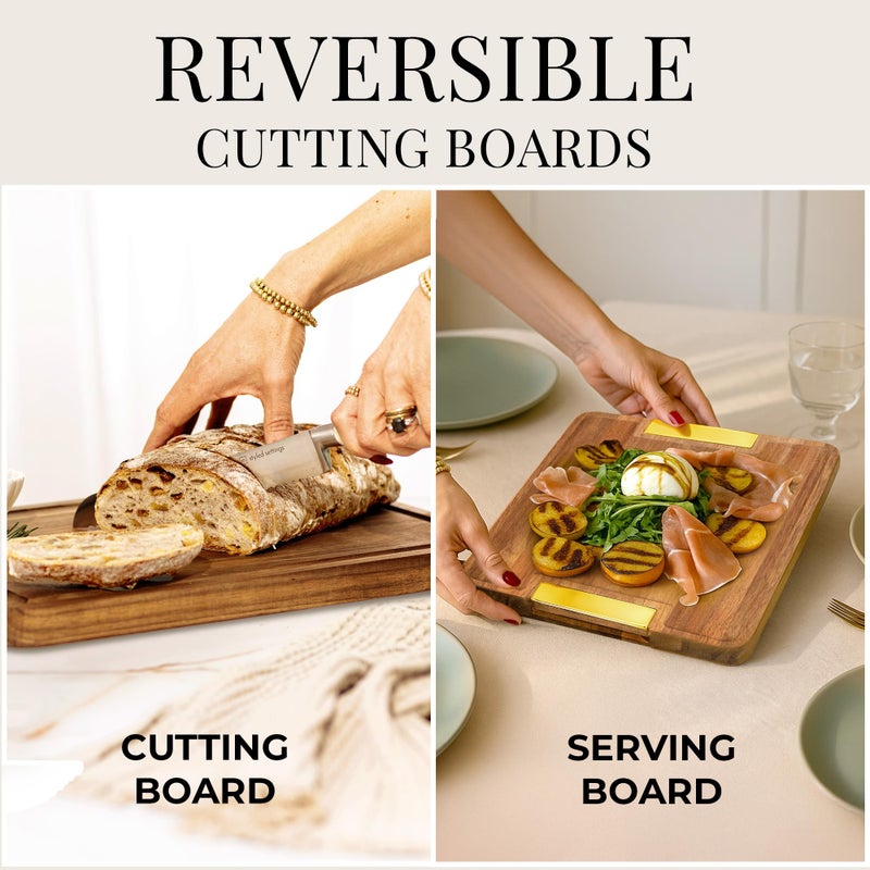 styled settings Wood Cutting Board Set with Holder â€“ Double Sided Cutting Board with Handle (Gold) â€“ 4 Piece Wooden Chopping Board Set with Stand â€“ Reversible Charcuterie Tray for Stylish Kitchens - Image 3