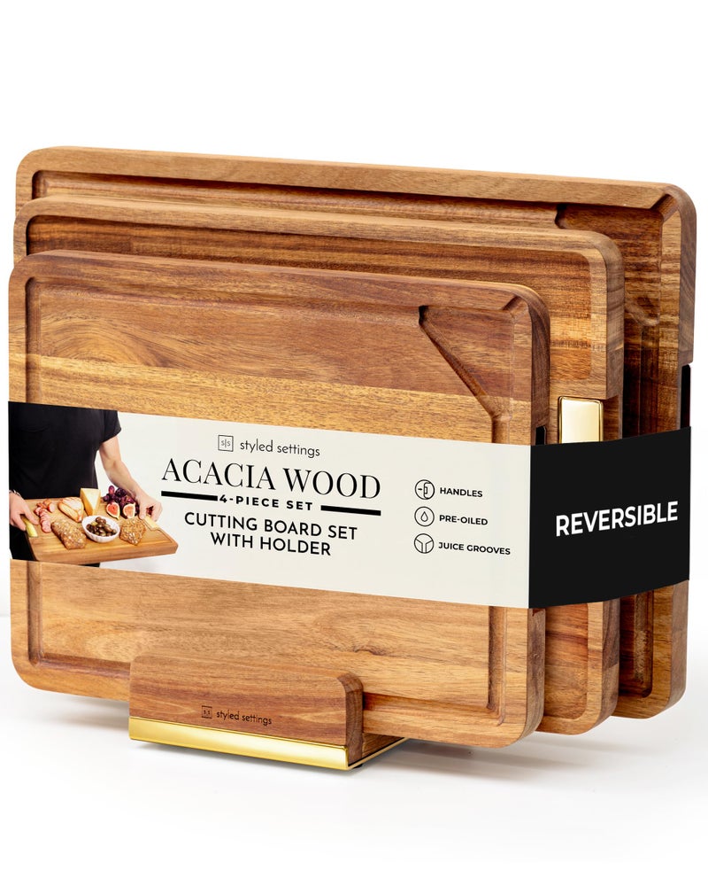 styled settings Wood Cutting Board Set with Holder â€“ Double Sided Cutting Board with Handle (Gold) â€“ 4 Piece Wooden Chopping Board Set with Stand â€“ Reversible Charcuterie Tray for Stylish Kitchens - Image 1