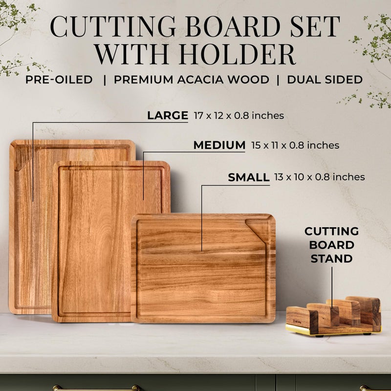 styled settings Wood Cutting Board Set with Holder â€“ Double Sided Cutting Board with Handle (Gold) â€“ 4 Piece Wooden Chopping Board Set with Stand â€“ Reversible Charcuterie Tray for Stylish Kitchens - Image 2