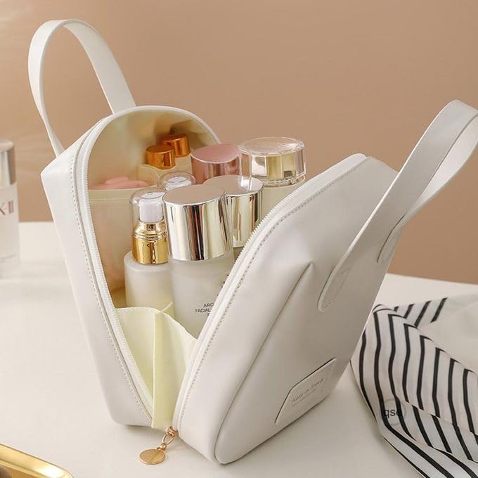 LOOKMINT Large Capacity Travel Cosmetic Bag Portable Leather Waterproof Toiletry Bag Organizer Makeup Bag with Handle and Divider Make Up Pouch with Zipper for Women - Image 3