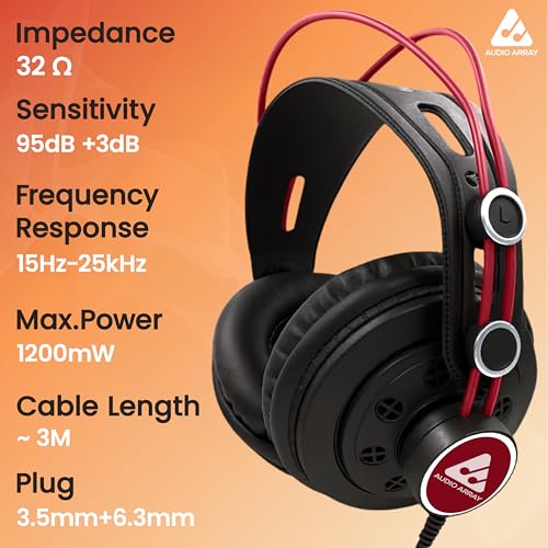 Audio Array AH-60-RD Semi-Open Back DJ Headphones | 50mm Drivers Delivers Dynamic Balanced Output | 15Hz–25kHz, 32Ω, 100dB SPL, 1200mW | 3m OFC Single-Sided Cable with Screw-On 3.5mm + 6.3mm Plug - Image 4