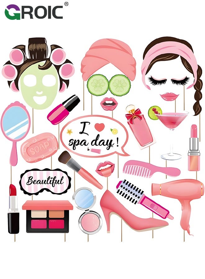 GROIC 25Pcs Spa Day Photo Booth Props with Stick, Makeup Selfie Props for Women, Make Up First Birthday Party Supplies, Nail Girl Theme Backdrop Decorations,Party Decorations Makeup Selfie Props - Image 1