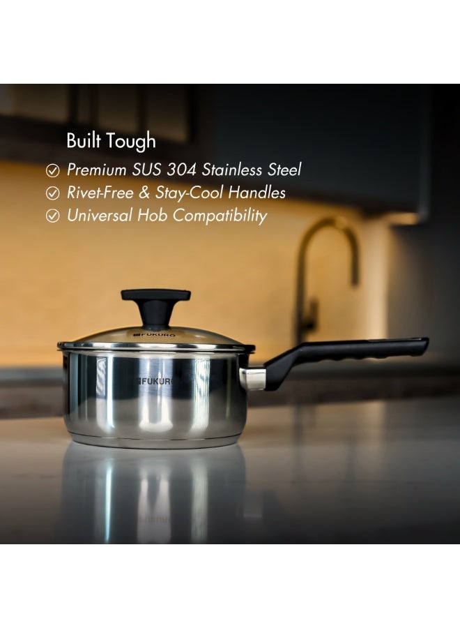 Fukuro Yuga 304 Stainless Steel Sauce Pan With Lid - 16cm - Image 3