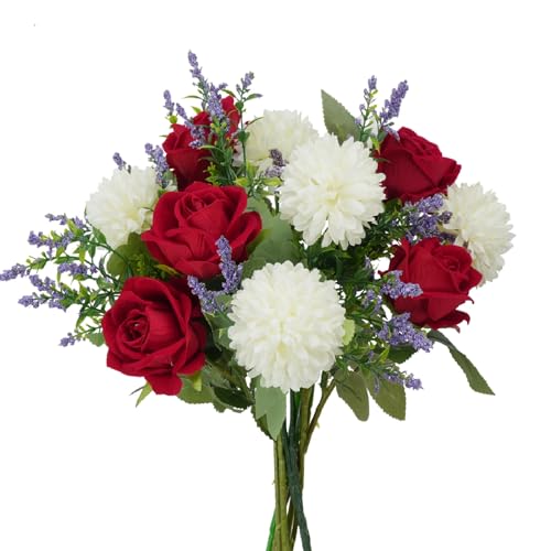 HO2NLE Artificial Flowers Fake Flower Bouquet with Red Rose Chrysanthemums Flowers Silk Floral Arrangements for Home Mothers Day Cemetery Grave Memorial Day Wedding Decor 12 inch - Image 1