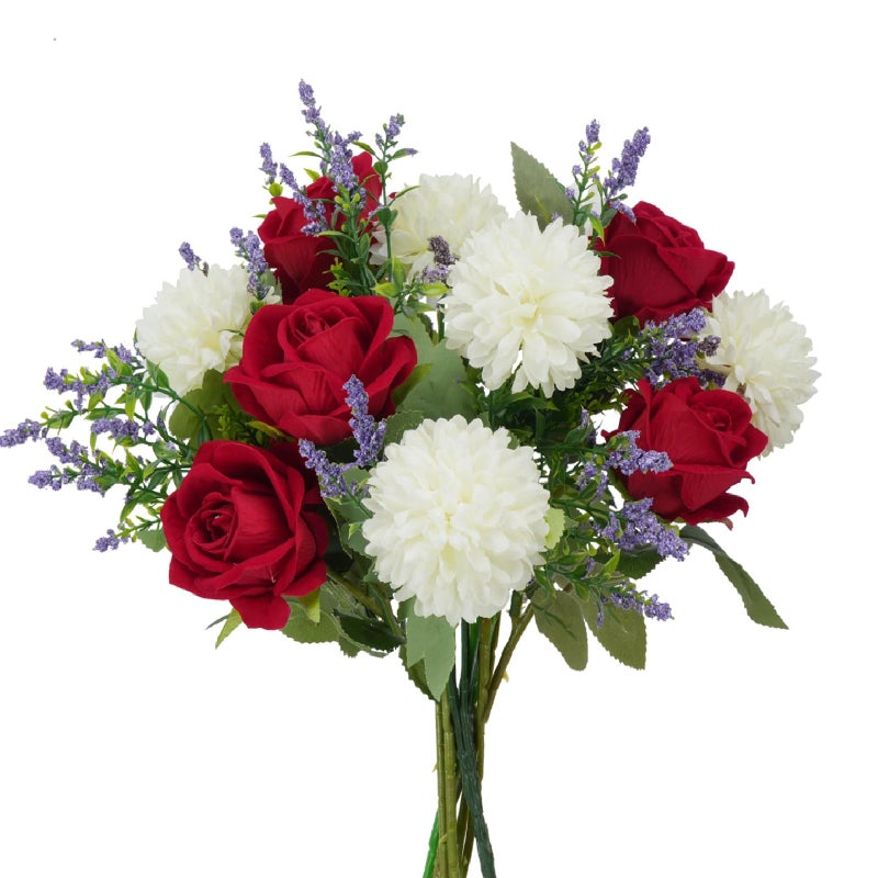 HO2NLE Artificial Flowers Fake Flower Bouquet with Red Rose Chrysanthemums Flowers Silk Floral Arrangements for Home Mothers Day Cemetery Grave Memorial Day Wedding Decor 12 inch - Image 2