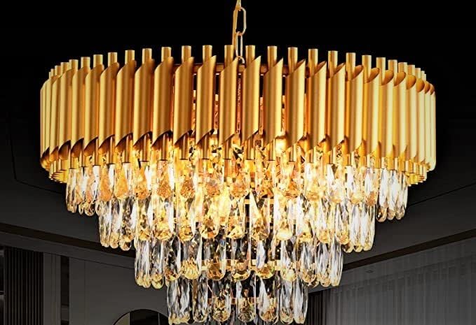 BASLASH Modern Crystal Chandelier 500mm Round Pendant Ceiling Light Fixture Flush Mount for Dining Room Living Room Bedroom Foyer Hallway Entryway - Full Gold - Image 1