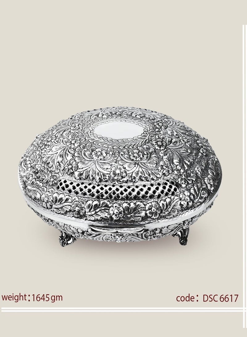 أوديسي علبة حلوى بيضاوية من فضة خالصة بنقوش وردية (DSC6617) - Image 1