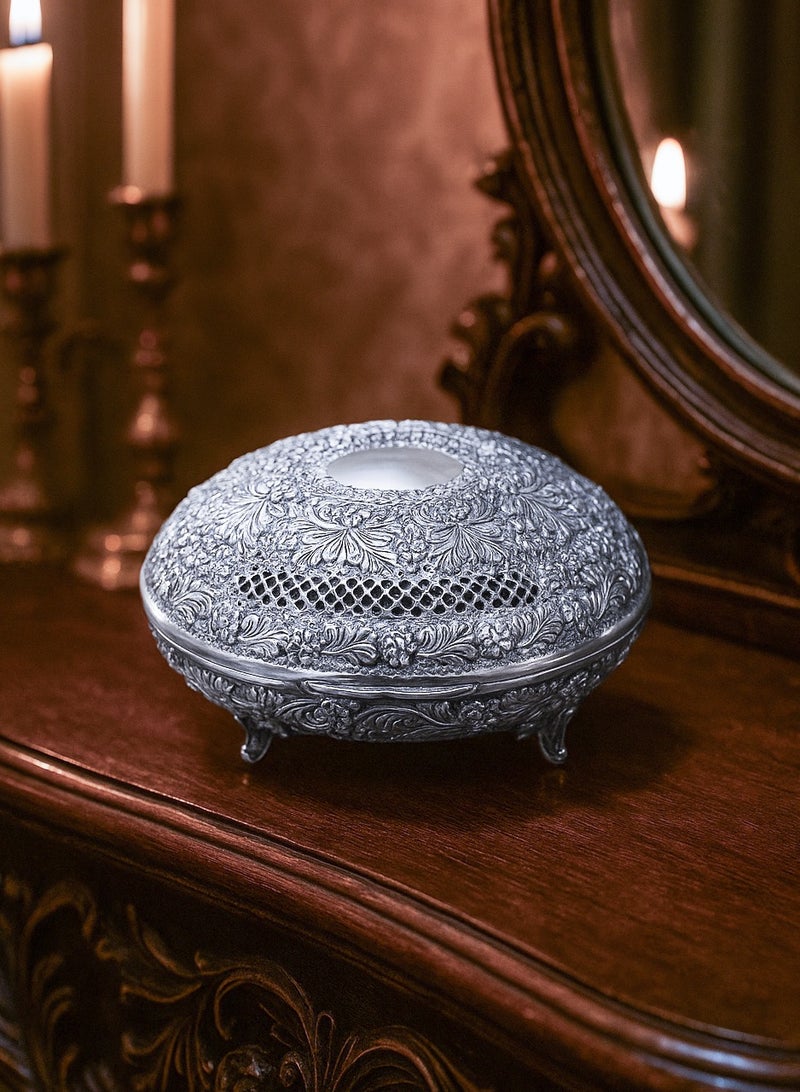 أوديسي علبة حلوى بيضاوية من فضة خالصة بنقوش وردية (DSC6617) - Image 2