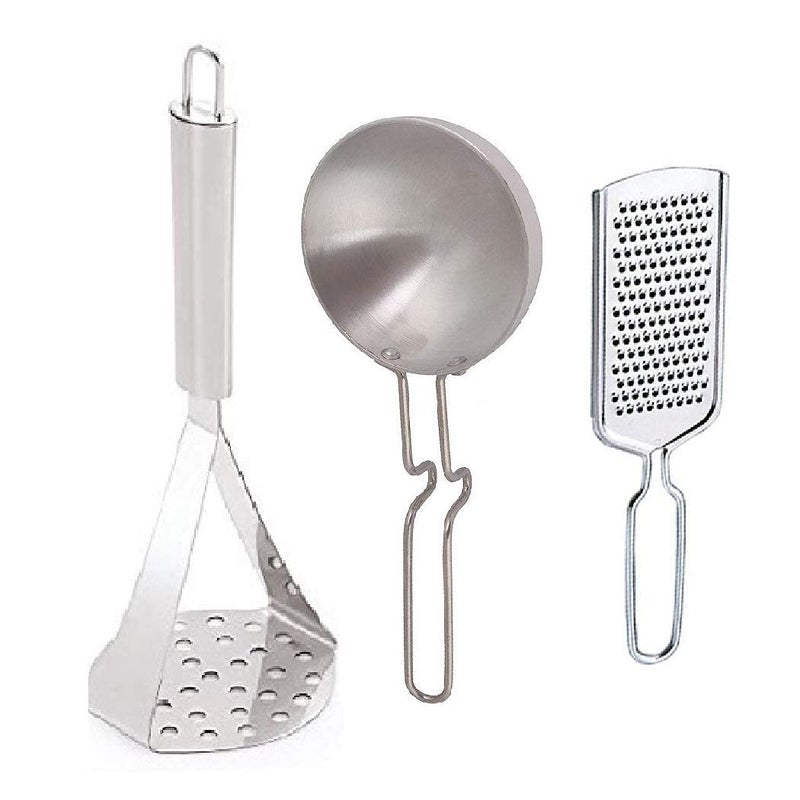 Wofier Wofier Stainless Steel Kitchen Combo Set of Potato Vegetables Pav Bhaji Masher Aluminium Tadka Pan Cheese Garlic Grater Set of 3  - Image 1