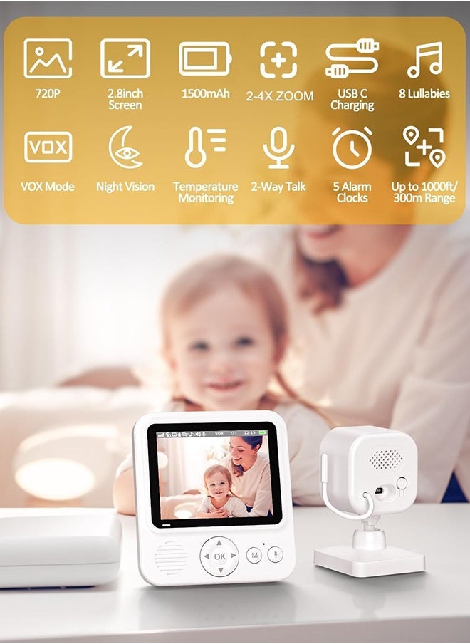 Baby Monitors - 2.8” Screen with Night Vision, 2-Way Audio, VOX, Temperature Sensor and Lullabies, Secure Transmission No WiFi, 300m Range