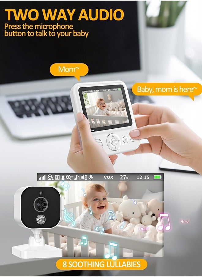 Baby Monitors - 2.8” Screen with Night Vision, 2-Way Audio, VOX, Temperature Sensor and Lullabies, Secure Transmission No WiFi, 300m Range