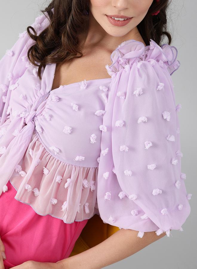 كاجوالي توب قصير بنفسجي سادة مكشكش مع عقدة أمامية من كاسوالي للنساء - Image 5