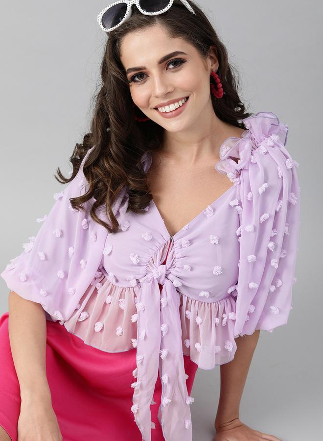 كاجوالي توب قصير بنفسجي سادة مكشكش مع عقدة أمامية من كاسوالي للنساء - Image 2