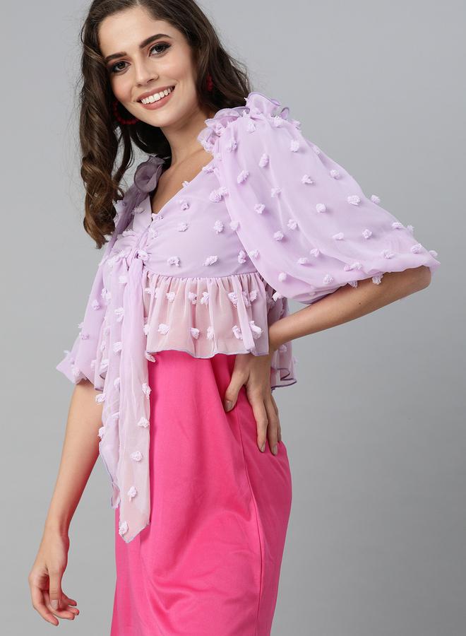 كاجوالي توب قصير بنفسجي سادة مكشكش مع عقدة أمامية من كاسوالي للنساء - Image 4