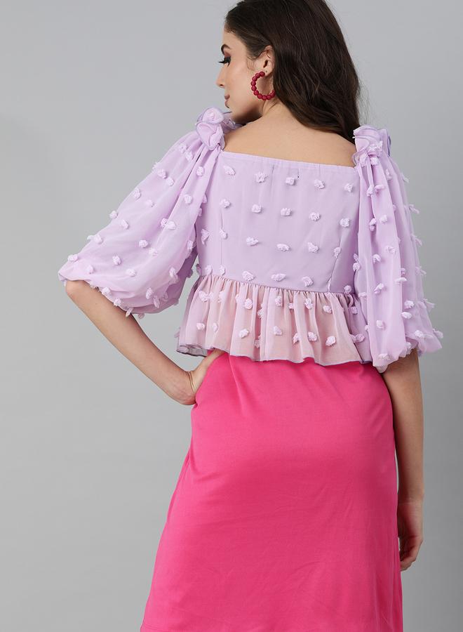 كاجوالي توب قصير بنفسجي سادة مكشكش مع عقدة أمامية من كاسوالي للنساء - Image 3