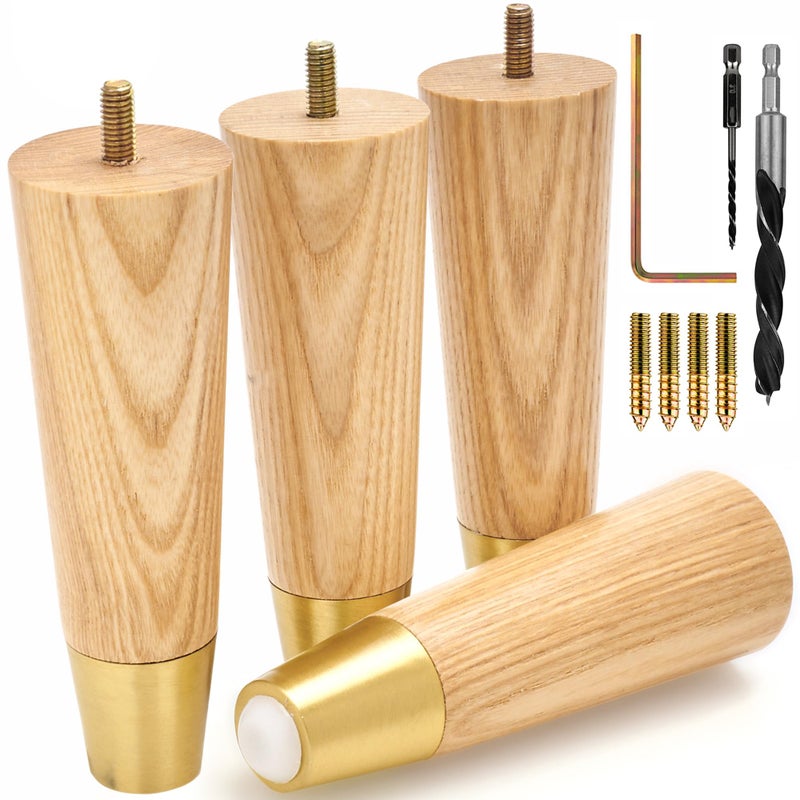 Airy Abode Premium Ash Wood Furniture Legs with Gold Caps Full Install Kit  Pick Your Size and Color