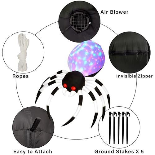 Prsildan Halloween Inflatable 6 Ft Spider with Colorful LED Lights and Red Glowing Eyes, Holiday Blow up Decorations for Indoor Outdoor Garden Yard Lawn (White) - Image 5
