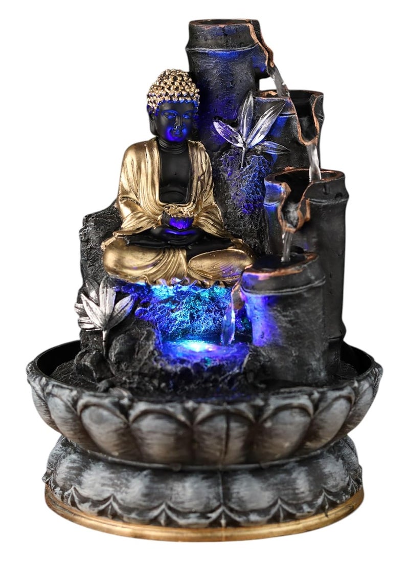 VIVARS VIVARS Polyresin Buddha Tabletop Water Fountain with LED Lights Indoor Home Decor Showpiece Soothing Meditation Fountain BlackGold 