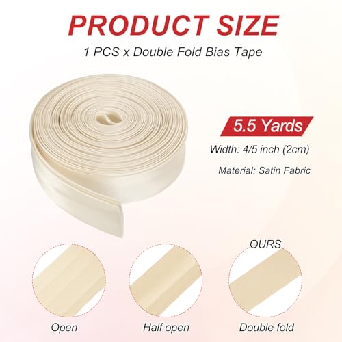 MECCANIXITY Double Fold Bias Tape for Sewing 4/5 Inch x 5.5 Yards Satin Pre-fold Continuous Binding Tape for Seaming Quilting Hemming Binding DIY Crafts, Beige - Image 2
