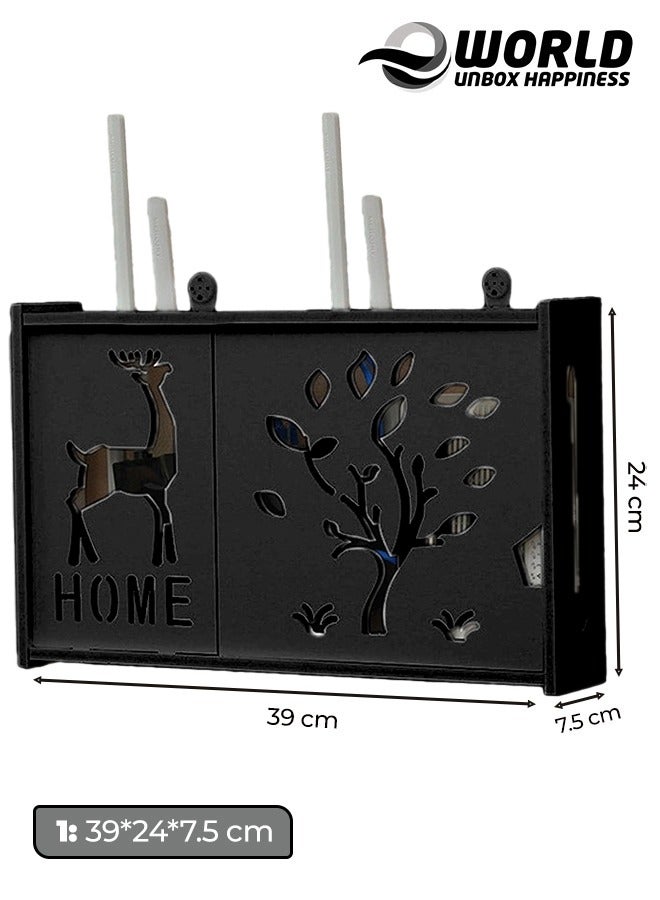 Eworld Stylish Wall-Mounted Router Rack for Wi-Fi Router, Set-Top Box, Light Cat Box, and More, Includes Doors and Patch Panel Shielding Box for Neat Storage, Black - Image 2