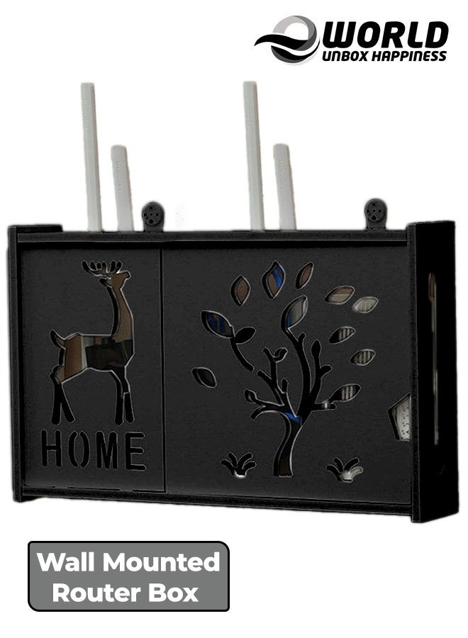 Eworld Stylish Wall-Mounted Router Rack for Wi-Fi Router, Set-Top Box, Light Cat Box, and More, Includes Doors and Patch Panel Shielding Box for Neat Storage, Black - Image 1
