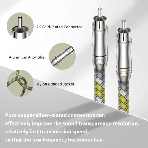 Viborg Audiocrast A52 Hi-End RCA to RCA Audio Cable 6.6FT/2M OFC Silver-Plated 2RCA HiFi Cable for Home Theater, DVD, CD, Amplifier - Image 3