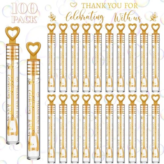Shappy 100 Pcs Wedding Bubble Bulk Wedding Party Favors Bubble Wand for Guests Send Off with Stickers for Bridal Shower Anniversaries Celebration Goody Bag Stuffers Filler (Gold Heart) - Image 1