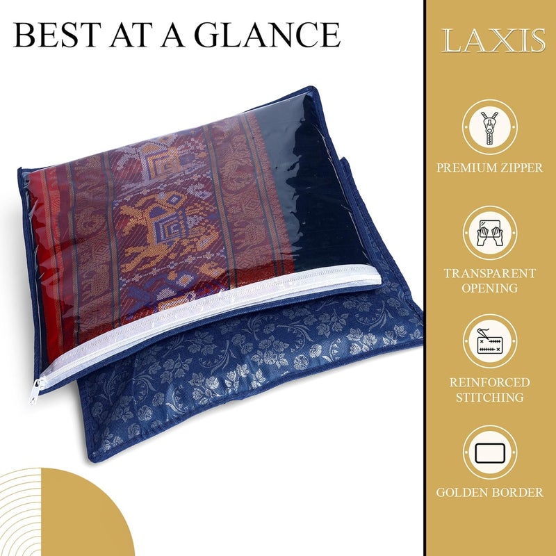 LAXIS NonWoven Printed Single Saree Cover Saree Bag Pack of 10Pcs Transparent Saree Covers With Zip Saree Covers For Storage Wardrobe Organiser Size36x42x2cm Blue - Image 2